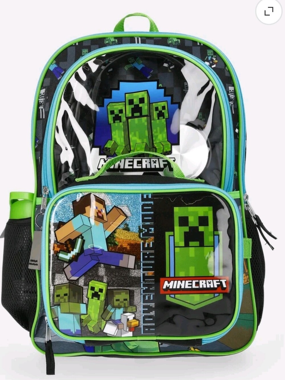 Minecraft Mode Green Backpack Set with Lunch kit, Headphones and Water Bottle